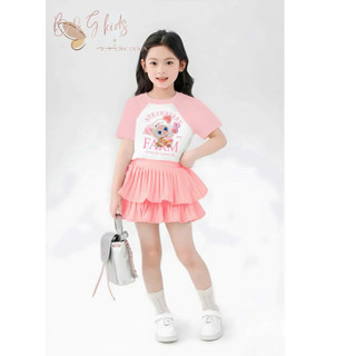 [B&G] Sét chân váy 2 tầng kèm áo thun cotton in hình màu hồng cho bé gái 12-42kg
