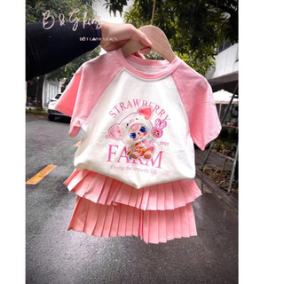 [B&G] Sét chân váy 2 tầng kèm áo thun cotton in hình màu hồng cho bé gái 12-42kg