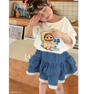 [B&G] Sét áo thun trắng baby vàng kèm chân váy jean 2 tầng cho bé gái từ 12-42kg(2-12 tuổi)