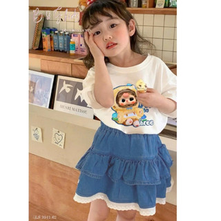 [B&G] Sét áo thun trắng baby vàng kèm chân váy jean 2 tầng cho bé gái từ 12-42kg(2-12 tuổi)