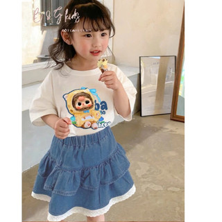 [B&G] Sét áo thun trắng baby vàng kèm chân váy jean 2 tầng cho bé gái từ 12-42kg(2-12 tuổi)
