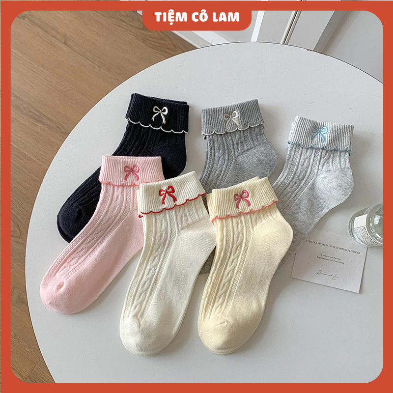 [ QUA MẮT CÁ ] Tất Nữ Thêu Nơ Cổ Viền Bèo Lolita Màu Pastel [ Tiệm cô ...