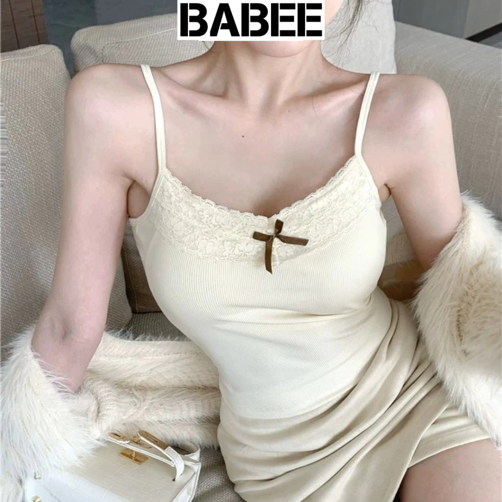 Áo 2 Dây Nữ BABEE Viền Ren Ngực Đính Nơ CÓ MÚT NGỰC Ôm Dáng Thoải Mái Quyến Rũ Phong Cách Hàn Quốc