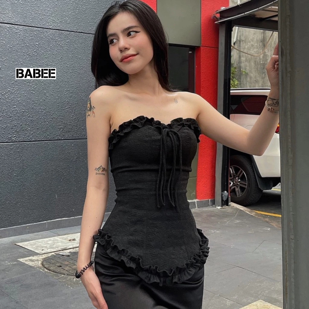 Áo Ống Nữ BABEE Cúp Ngực Kiểu Viền Bèo Có Dây Thắt Nơ Hoặc Buộc Cổ Cá Tính Ôm Body Gợi Cảm