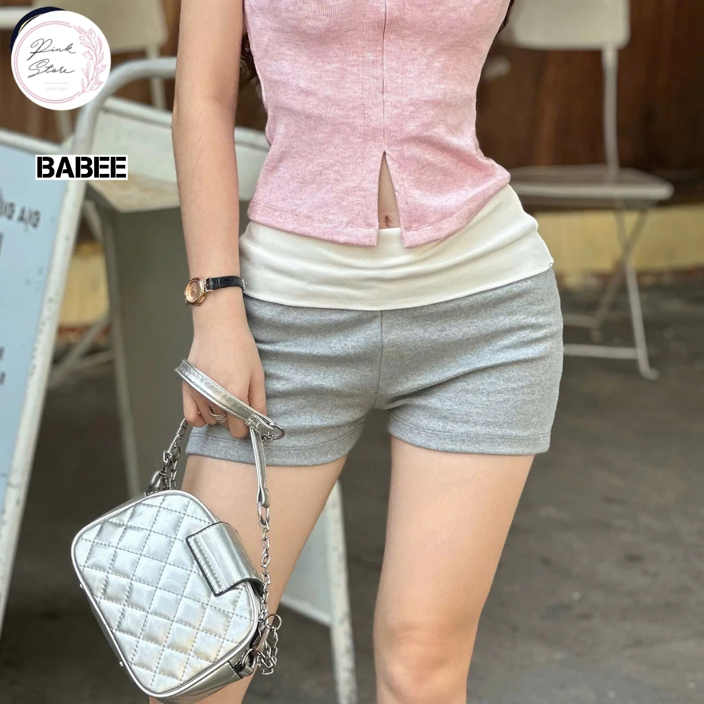 Quần Đùi Nữ BABEE Cạp Trễ Kiểu Gập Eo Phong Cách Năng Động Dễ Thương Phong Cách Hàn Quốc