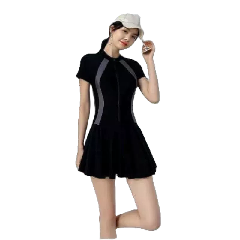đồ bơi liền thân kín đáo [ Size M L XL] phối dây kéo  pha trắng và pha xám áo có sẵn mút ngực váy có chân váy trong