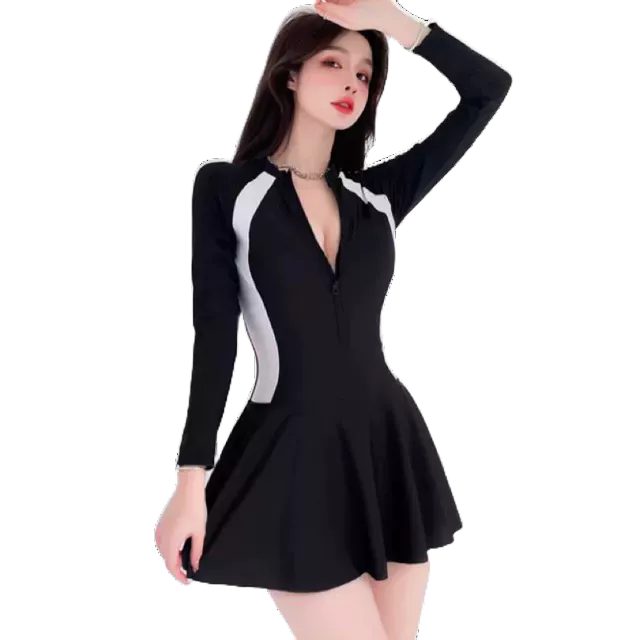 đồ bơi liền thân kín đáo [ Size M L XL] phối dây kéo  pha trắng và pha xám áo có sẵn mút ngực váy có chân váy trong