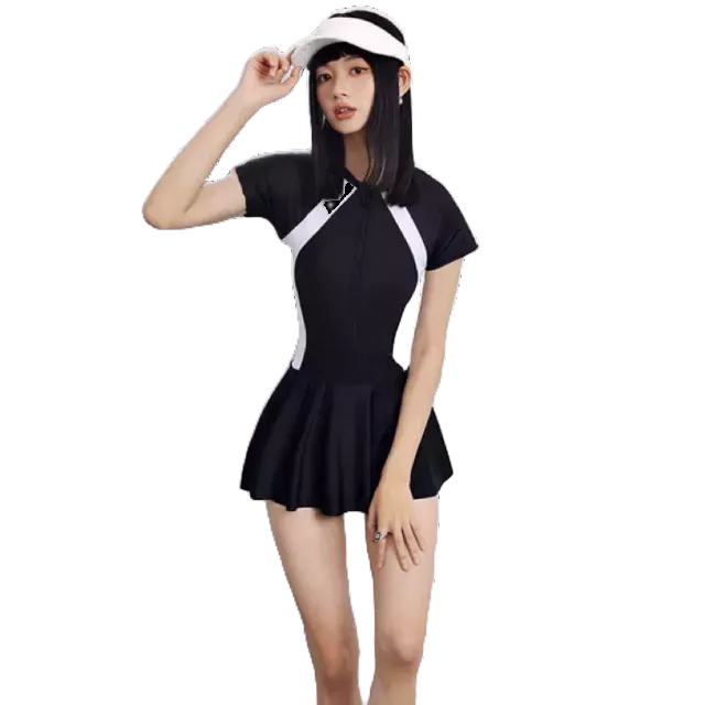 đồ bơi liền thân kín đáo [ Size M L XL] phối dây kéo  pha trắng và pha xám áo có sẵn mút ngực váy có chân váy trong