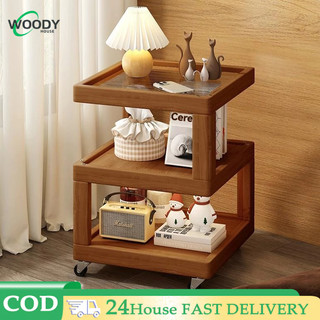 Bàn cà phê gỗ nguyên khối Tủ đầu giường có bánh xe Giá lưu trữ tối giản Bàn vuông nhỏ bằng kính