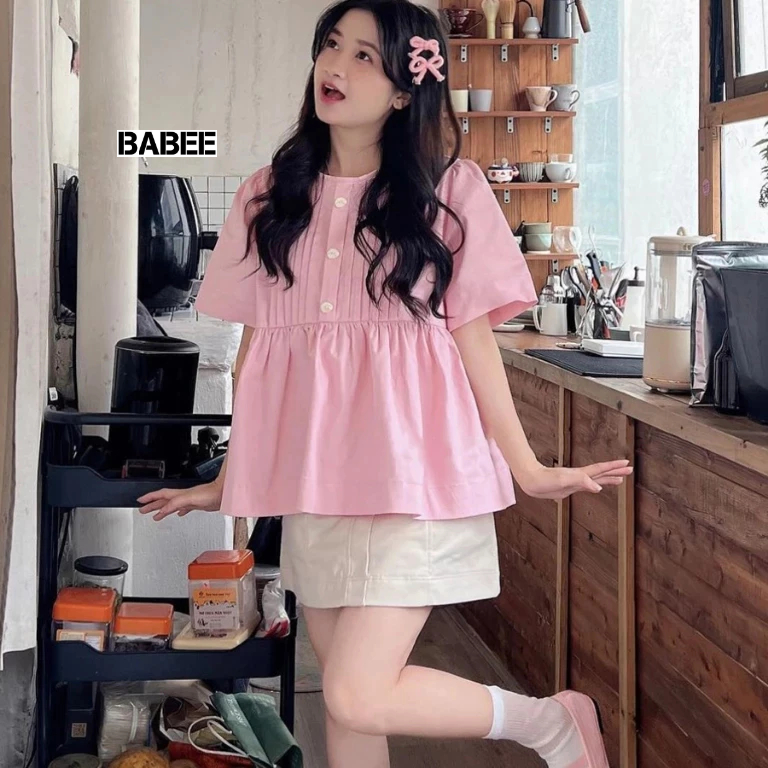 Áo Kiểu Nữ BABEE Dáng Babydolll Tay Ngắn Cổ Tròn Xếp Ly Đính Nút Xinh Xắn Năng Động Dễ Phối Đồ