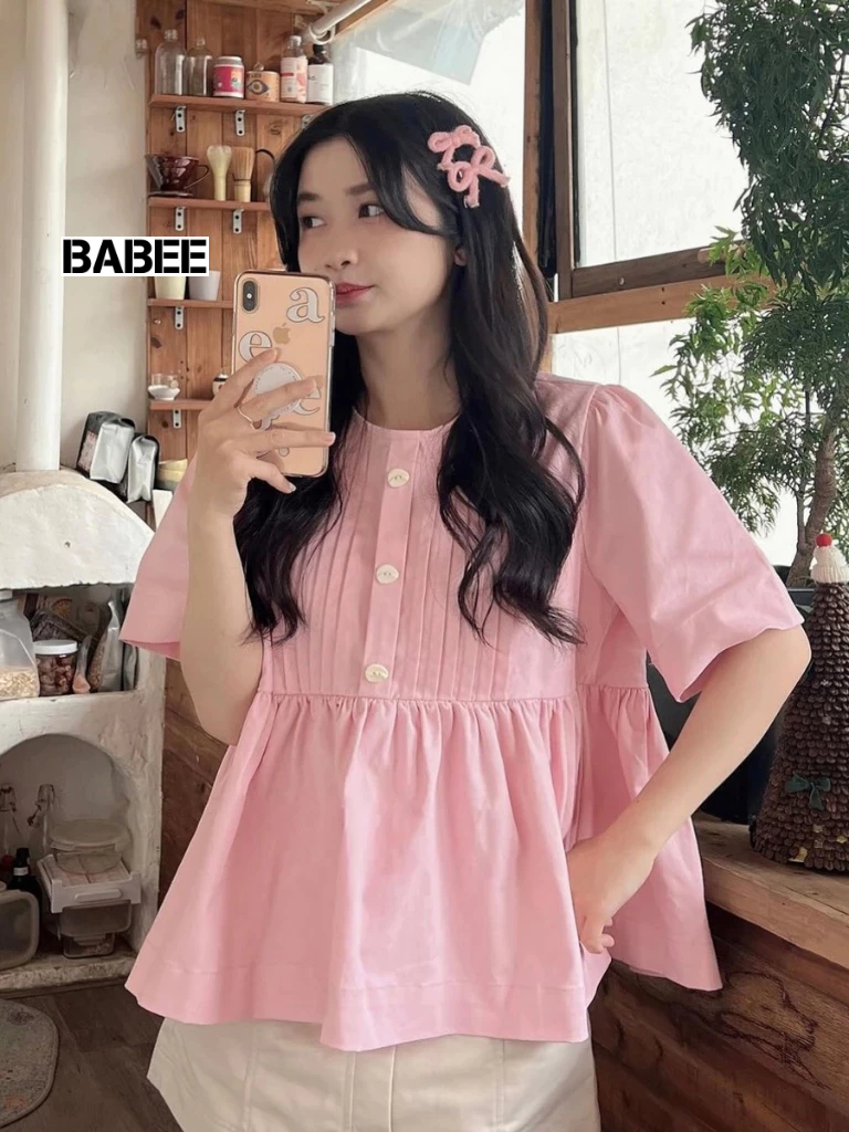Áo Kiểu Nữ BABEE Dáng Babydolll Tay Ngắn Cổ Tròn Xếp Ly Đính Nút Xinh Xắn Năng Động Dễ Phối Đồ