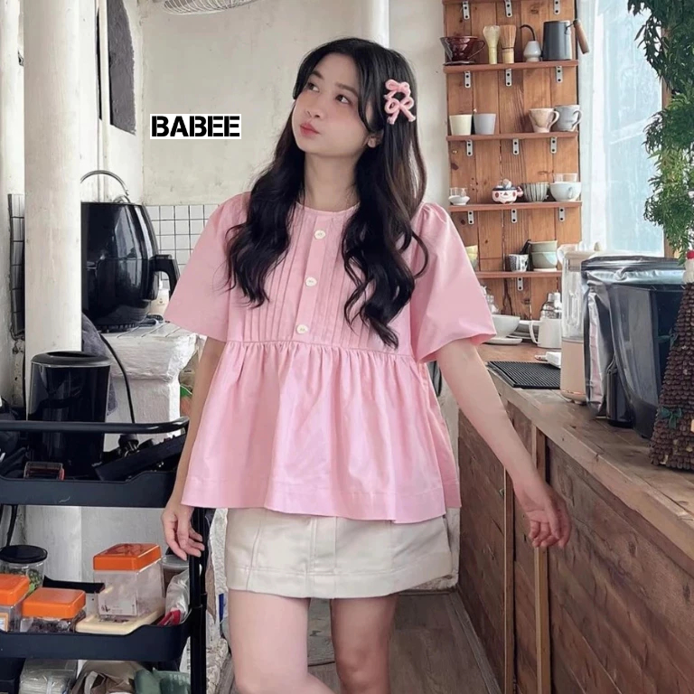 Áo Kiểu Nữ BABEE Dáng Babydolll Tay Ngắn Cổ Tròn Xếp Ly Đính Nút Xinh Xắn Năng Động Dễ Phối Đồ