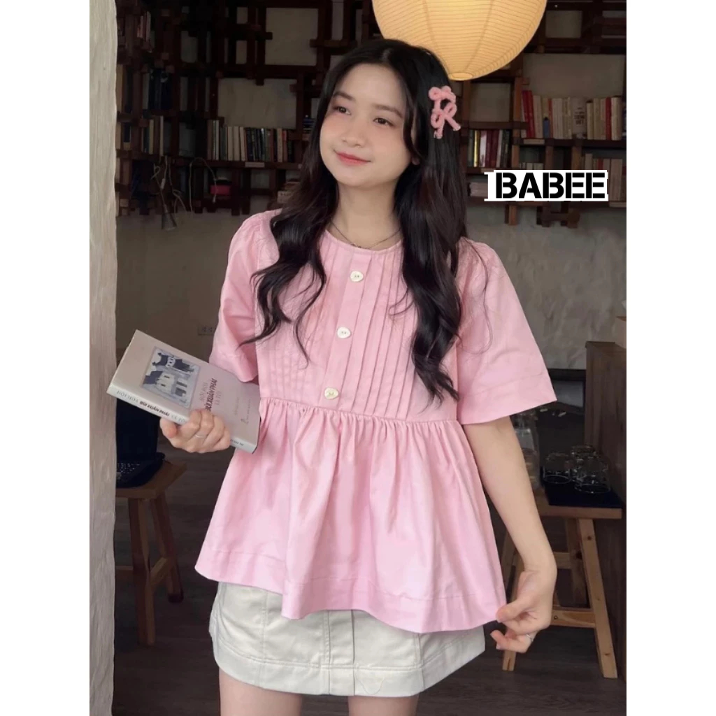 Áo Kiểu Nữ BABEE Dáng Babydolll Tay Ngắn Cổ Tròn Xếp Ly Đính Nút Xinh Xắn Năng Động Dễ Phối Đồ
