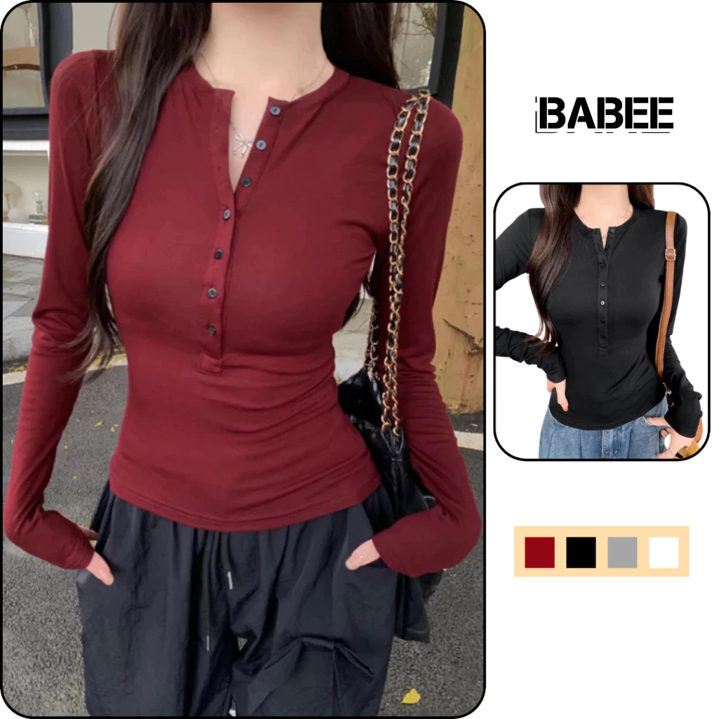 Áo Thun Nữ BABEE Tay Dài Cổ Tròn Phối Khuy Cúc Ngực Mở Dáng Ôm Body Gợi Cảm Trẻ trung Năng Động