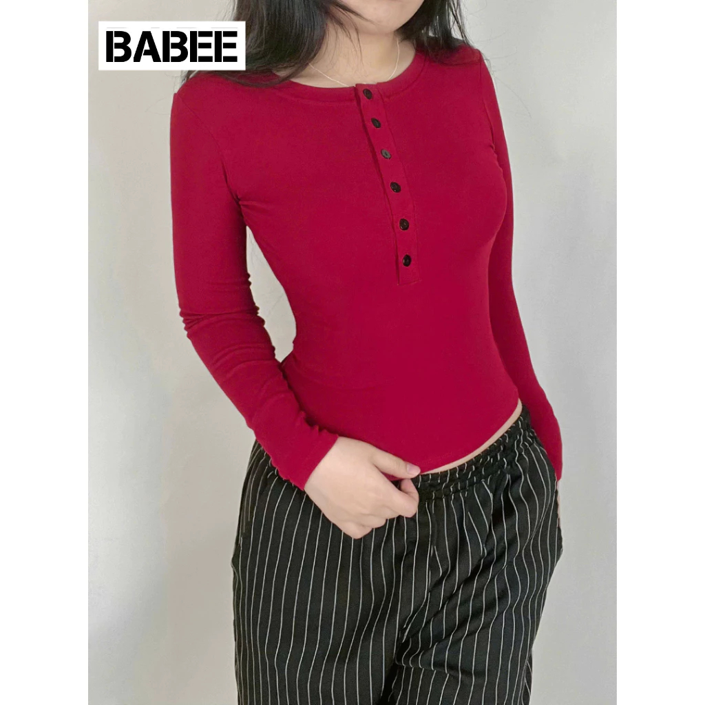 Áo Thun Nữ BABEE Tay Dài Cổ Tròn Phối Khuy Cúc Ngực Mở Dáng Ôm Body Gợi Cảm Trẻ trung Năng Động