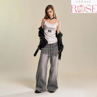 Quần Dài Jeans Nữ Phối Dây Ống Rộng Lưng Wash Bụi Khói Suông Trơn Denim Bò Jean WQJ039