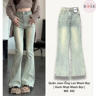 Quần Dài Jeans Nữ Bass Ống Loe Vẩy Wash Bụi Trơn Basic Chất Vải Denim Bò Jean WQJ030