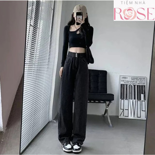 Quần Dài Jeans Nữ 2 Nút Khuy Ống Rộng Suông Trơn Basic Chất Vải Denim Bò Jean WQJ033