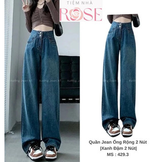 Quần Dài Jeans Nữ 2 Nút Khuy Ống Rộng Suông Trơn Basic Chất Vải Denim Bò Jean WQJ033