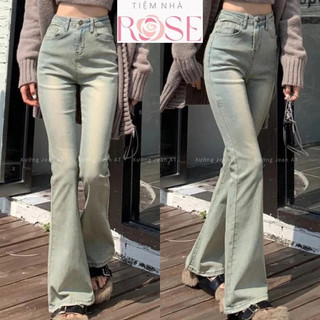 Quần Dài Jeans Nữ Bass Ống Loe Vẩy Wash Bụi Trơn Basic Chất Vải Denim Bò Jean WQJ030