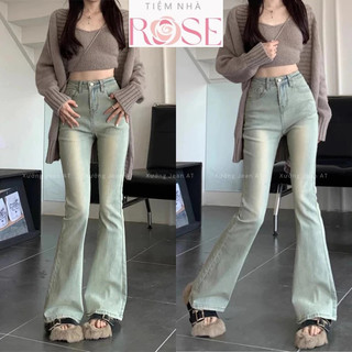 Quần Dài Jeans Nữ Bass Ống Loe Vẩy Wash Bụi Trơn Basic Chất Vải Denim Bò Jean WQJ030