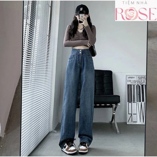 Quần Dài Jeans Nữ 2 Nút Khuy Ống Rộng Suông Trơn Basic Chất Vải Denim Bò Jean WQJ033