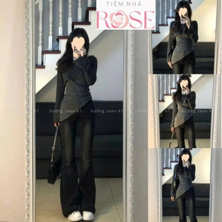 Quần Dài Jeans Nữ Rách Gấu Bass Ống Loe Lưng Cao Wash Bụi Co Giãn 4 Chiều Denim Bò Jean WQJ035