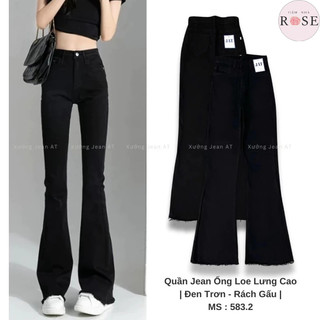 Quần Dài Jeans Nữ Rách Gấu Bass Ống Loe Lưng Cao Trơn Basic Co Giãn 4 Chiều Denim Bò Jean WQJ043
