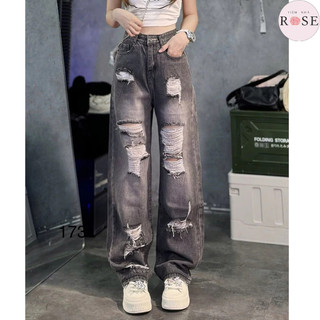 Quần Dài Jeans Nữ Suông Rách Ống Rộng Wash Khói Xám Mài Bạc Chất Vải Denim Bò Jean WQJ026