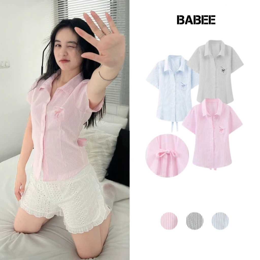 Áo Sơ Mi Nữ BABEE Cổ V Tay Ngắn Chiết Eo Buộc Nơ Sau Túi Gập Thêu Nơ Xinh Xắn Trẻ Trung Năng Động