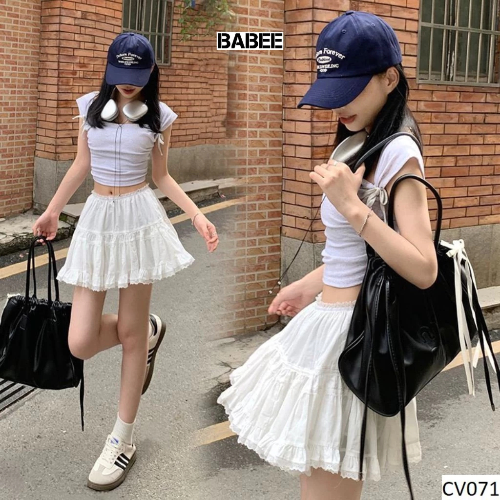 Chân Váy Nữ BABEE Kiểu Ngắn Dáng Xòe Phối Ren CÓ LÓT TRONG Lưng Thun Dễ Thương Xinh Xắn