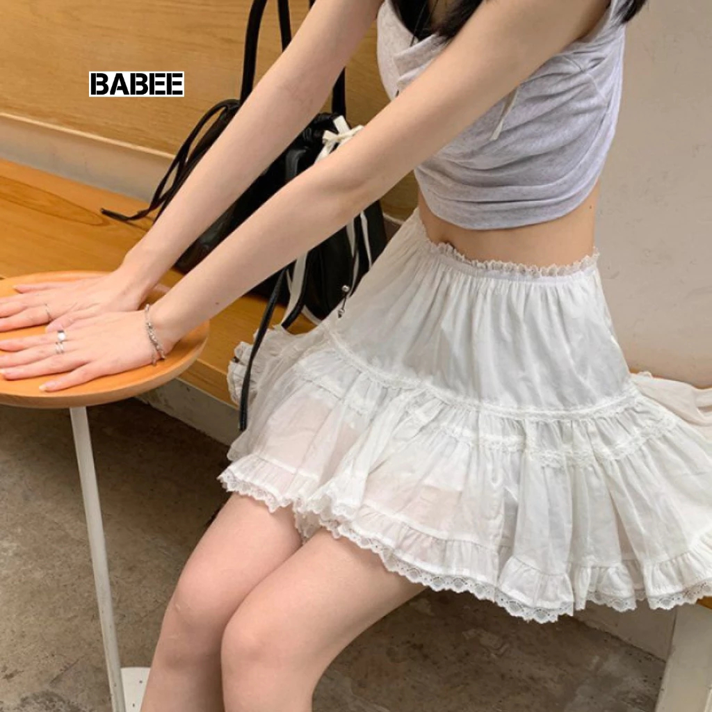 Chân Váy Nữ BABEE Kiểu Ngắn Dáng Xòe Phối Ren CÓ LÓT TRONG Lưng Thun Dễ Thương Xinh Xắn