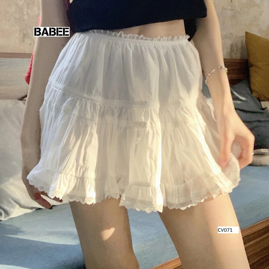 Chân Váy Nữ BABEE Kiểu Ngắn Dáng Xòe Phối Ren CÓ LÓT TRONG Lưng Thun Dễ Thương Xinh Xắn