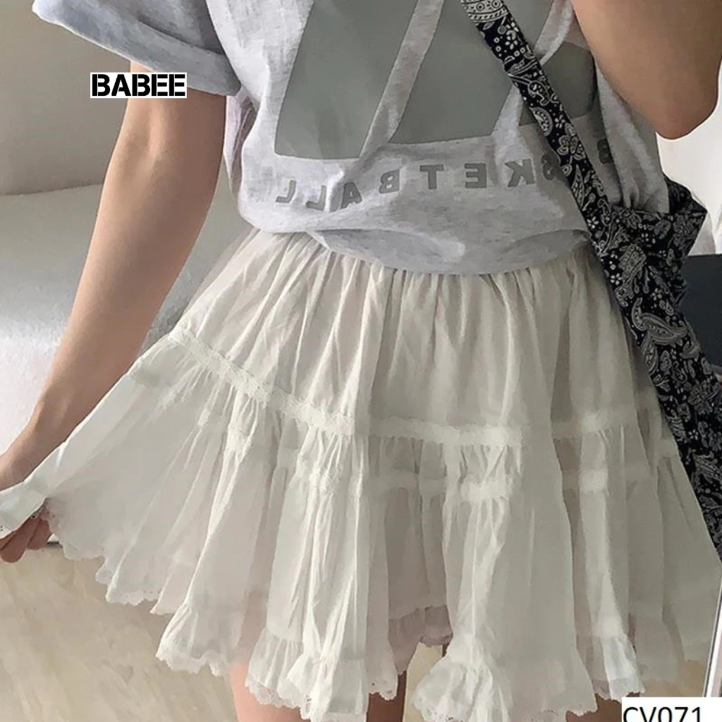 Chân Váy Nữ BABEE Kiểu Ngắn Dáng Xòe Phối Ren CÓ LÓT TRONG Lưng Thun Dễ Thương Xinh Xắn