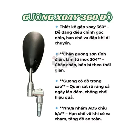 Gương Chiếu Hậu chân xoay 360 Full Nhôm Tặng Kèm nối 2cm - Hàng đẹp, chắc chắn