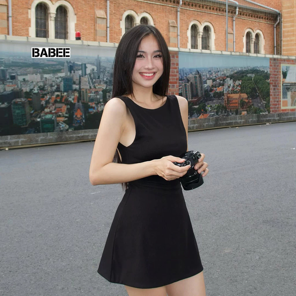 Đầm Nữ BABEE Cổ Tròn Dáng Ngắn Form Chữ A Không Lót Kiểu Hở Lưng Gợi Cảm Trẻ Trung Năng Động