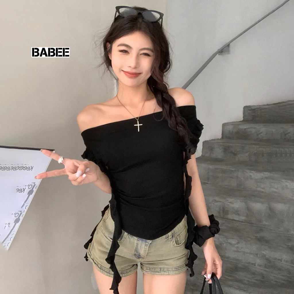 Áo Trễ Vai Nữ BABEE Tay Ngắn Phối Tua Rua Nhún Eo Cá Tính Thanh Lịch Mặc Được Nhiều Kiểu