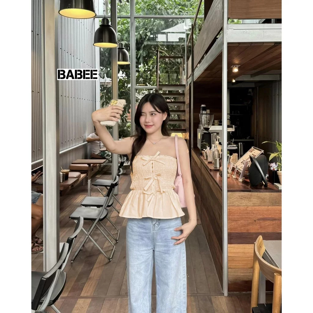Áo Cúp Ngực Nhún Linen Nữ BABEE Phối 3 Nơ Điệu Đà Khoe Vai Xinh Đuôi Xòe Tôn Dáng Gợi Cảm