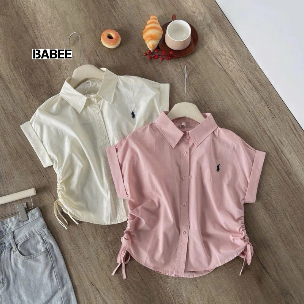 Áo Sơ Mi Nữ BABEE Tay Hến Kiểu Nhún Eo Rút Sườn Thêu Ngựa Xinh Xắn Phong Cách Trẻ Trung Năng Động