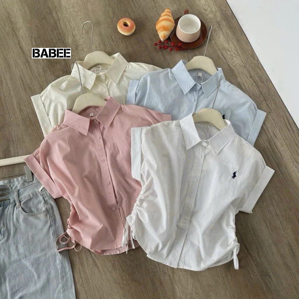 Áo Sơ Mi Nữ BABEE Tay Hến Kiểu Nhún Eo Rút Sườn Thêu Ngựa Xinh Xắn Phong Cách Trẻ Trung Năng Động