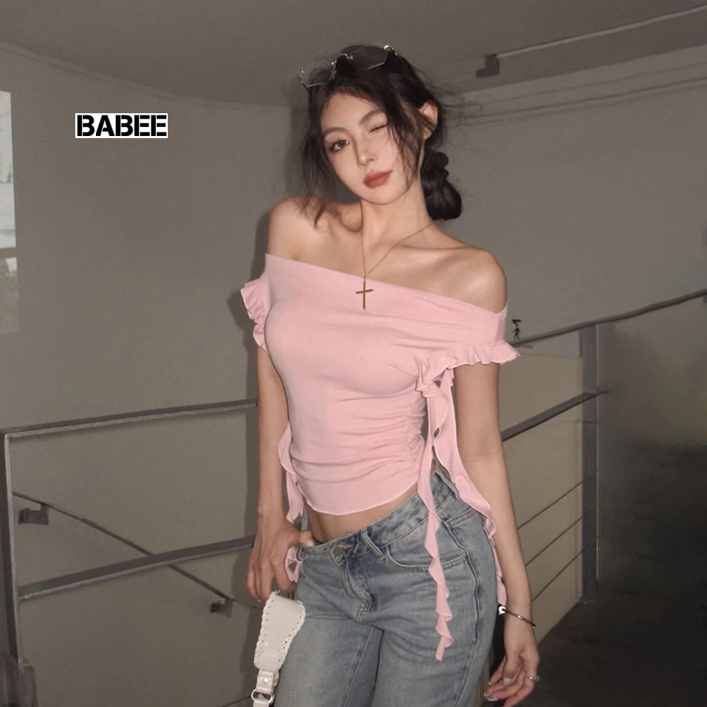 Áo Trễ Vai Nữ BABEE Tay Ngắn Phối Tua Rua Nhún Eo Cá Tính Thanh Lịch Mặc Được Nhiều Kiểu