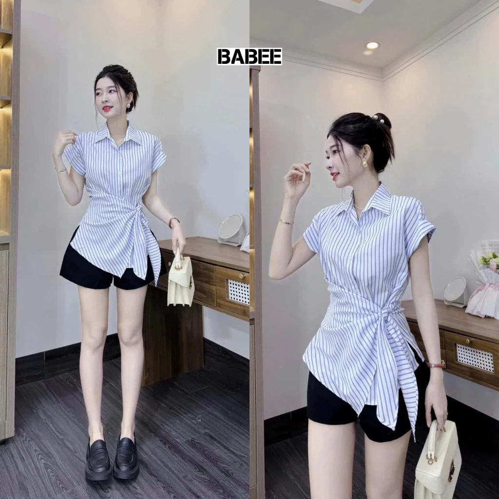 Áo Sơ Mi Nữ BABEE Ngắn Tay Buộc Tà Chéo Phong Cách Thanh Lịch Trẻ Trung Sành Điệu Cá Tính