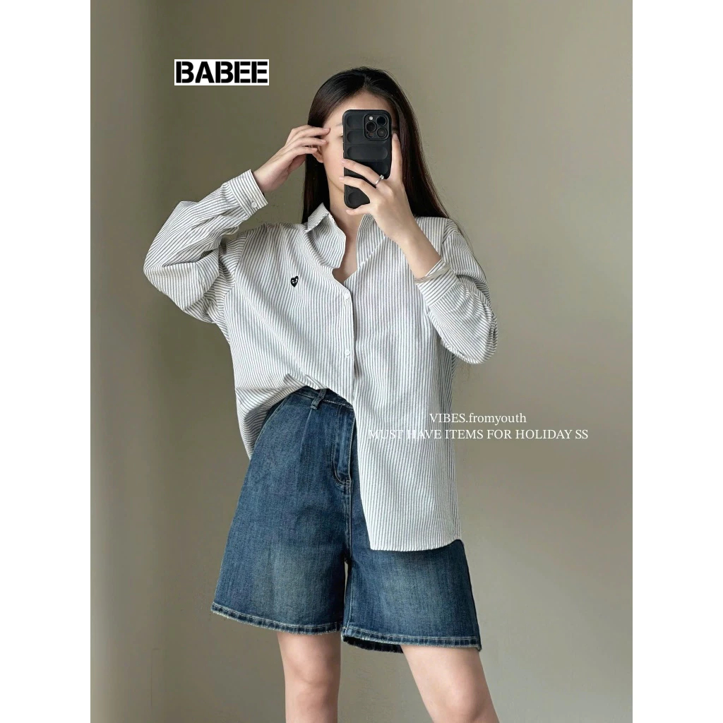 Áo Sơ Mi Nữ BABEE Kẻ Sọc Form Rộng Tay Dài Thêu Trái Tim Xinh Xắn Phong Cách Trẻ Trung Năng Động