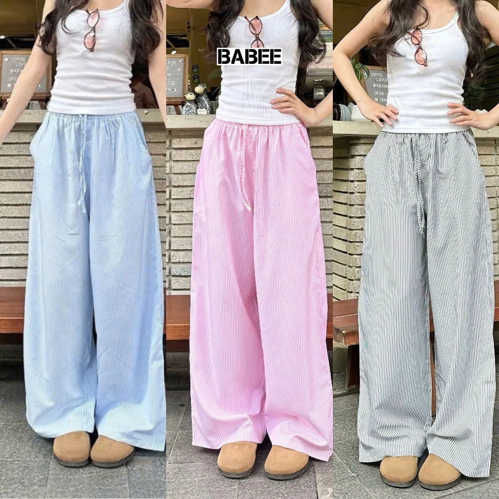 Quần Nữ BABEE Kẻ Sọc Dáng Dài Suông Cạp Cao Lưng Thun Dây Rút Phong Cách Hàn Quốc Dễ Mặc