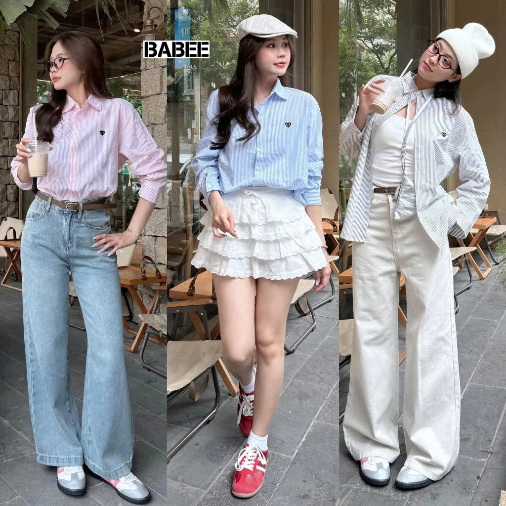 Áo Sơ Mi Nữ BABEE Kẻ Sọc Form Rộng Tay Dài Thêu Trái Tim Xinh Xắn Phong Cách Trẻ Trung Năng Động