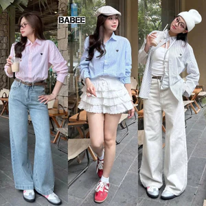 Áo Sơ Mi Nữ BABEE Kẻ Sọc Form Rộng Tay Dài Thêu Trái Tim Xinh Xắn Phong Cách Trẻ Trung Năng Động