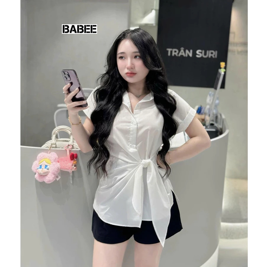 Áo Sơ Mi Nữ BABEE Ngắn Tay Buộc Tà Chéo Phong Cách Thanh Lịch Trẻ Trung Sành Điệu Cá Tính