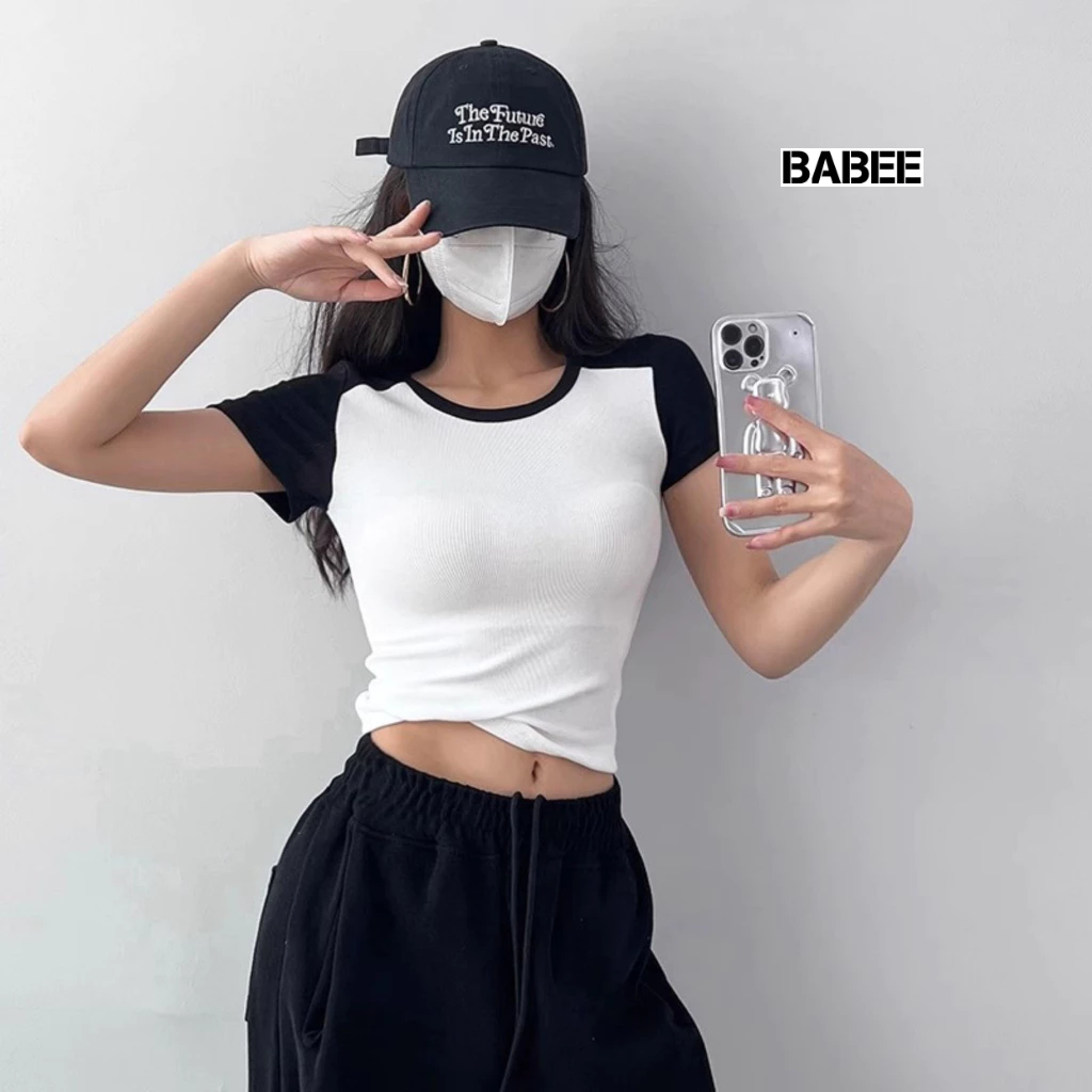 Áo Thun Nữ BABEE Phối Màu Cách Điệu Cầu Vai Chất Thun Dày Dặn Ôm Body Co Giản Cực Thoải Mái
