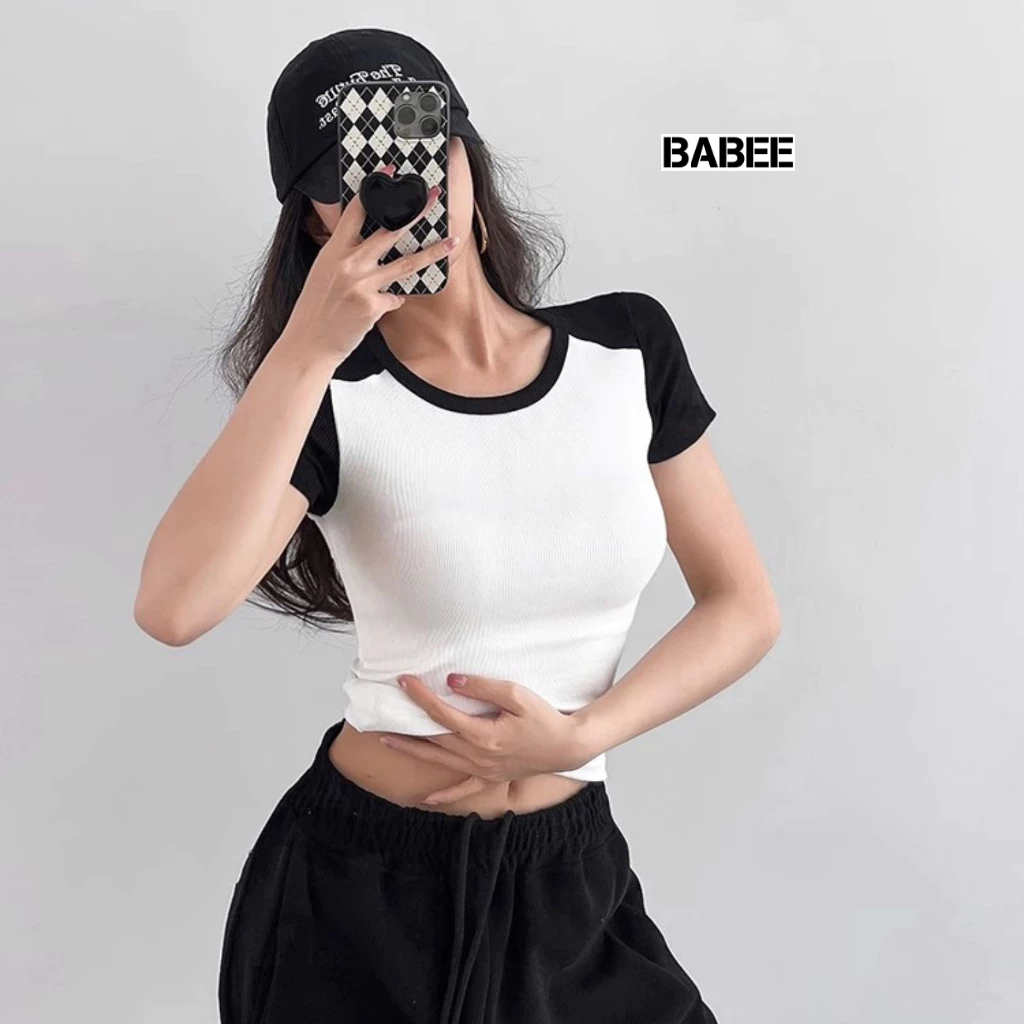 Áo Thun Nữ BABEE Phối Màu Cách Điệu Cầu Vai Chất Thun Dày Dặn Ôm Body Co Giản Cực Thoải Mái