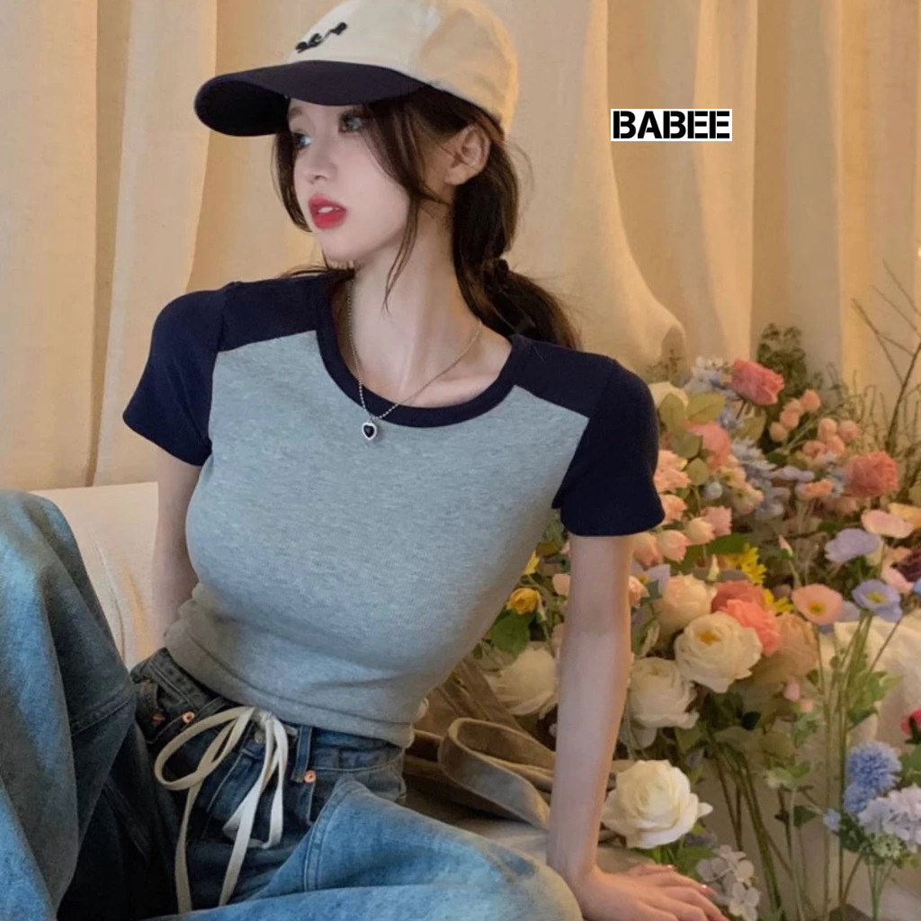 Áo Thun Nữ BABEE Phối Màu Cách Điệu Cầu Vai Chất Thun Dày Dặn Ôm Body Co Giản Cực Thoải Mái